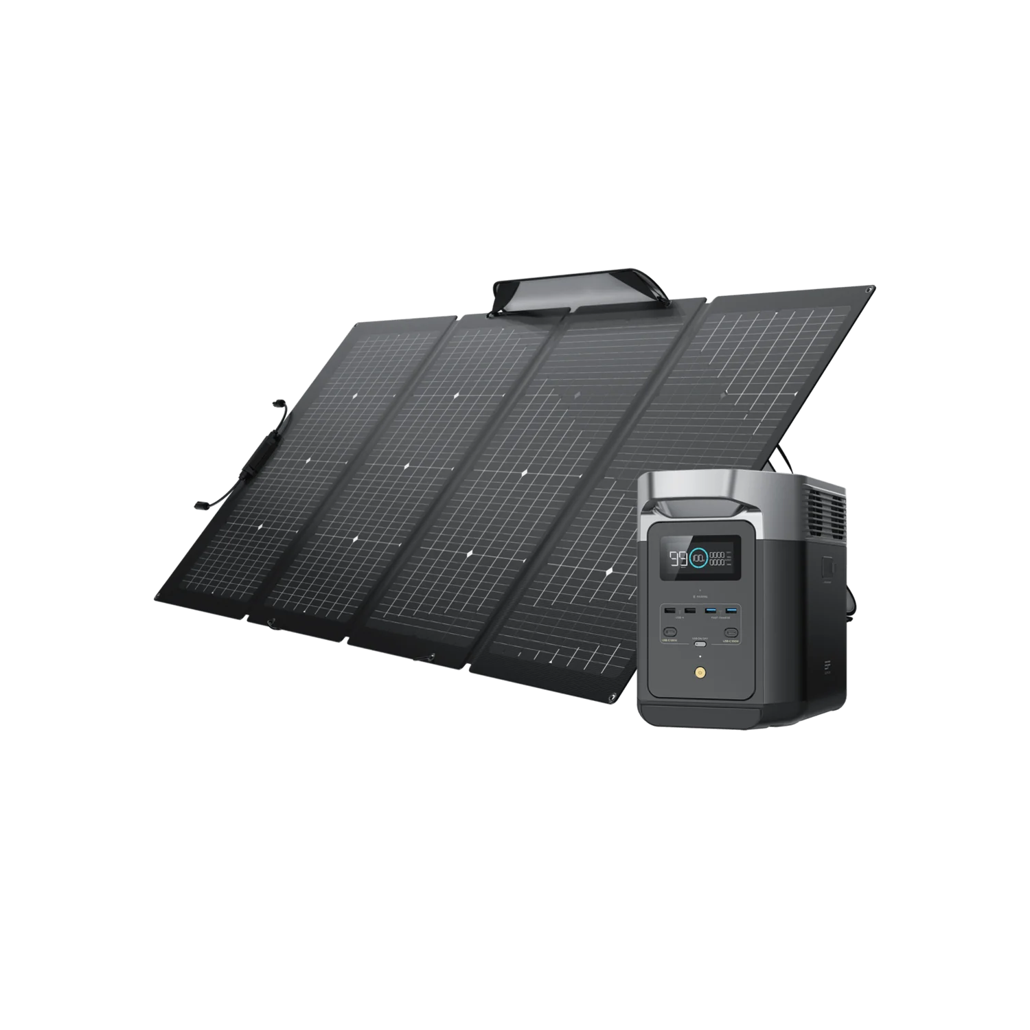 EcoFlow Delta 2 Portable Power Station + 220W Solar Panel. The 220W solar panel is bifacial with 220W on the primary side and 150W on the other side. With this bifacial feature, the solar panel can capture 25% more solar energy and charge the Delta 2 power station much faster.