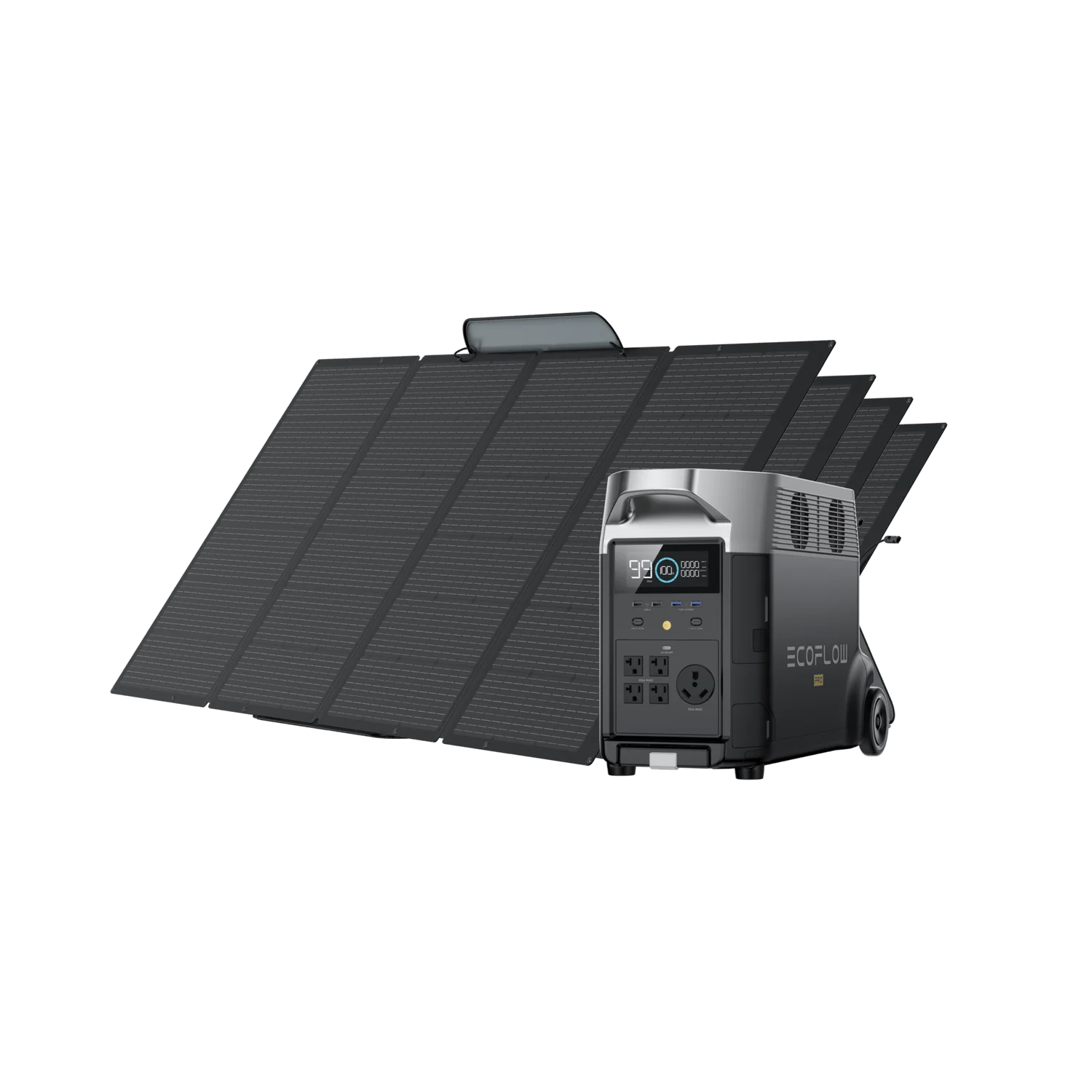 EcoFlow Delta Pro + 400W Solar Panel. With a maximum solar power input of 1200W, you can use solar energy to charge the Delta Pro in 4-8 hours.
